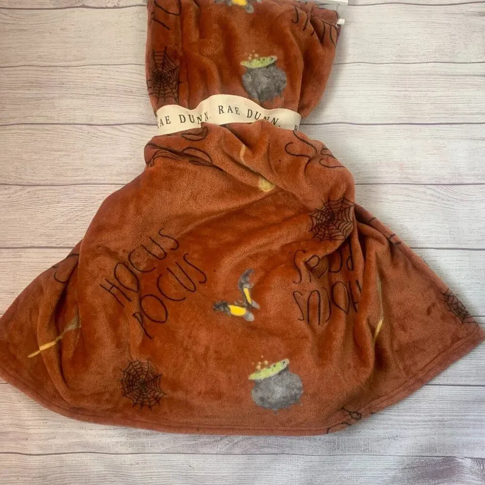 Rae Dunn Hocus Pocus Blanket Orange with Cauldron Broom Witch Hat Shoes 50x70
